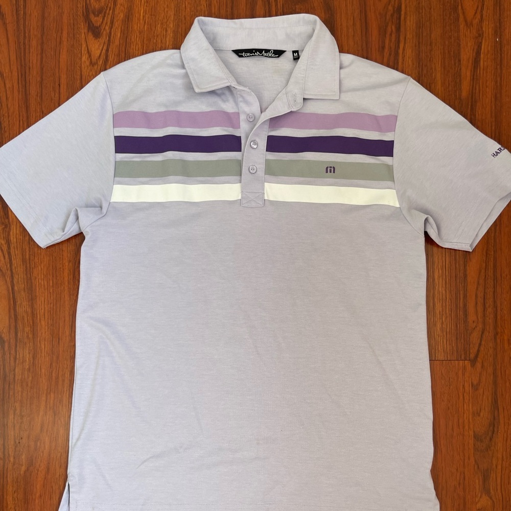 Travis Mathew Golf Shirt Men Medium Purple Polo Stripe Short Sleeve Pima TPC